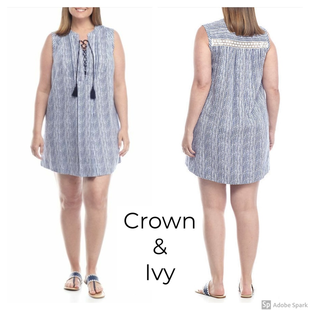Crown & Ivy 100%‎ Linen Boho Shift Dress 0X Navy White Lace Up Tie Neck Coastal
